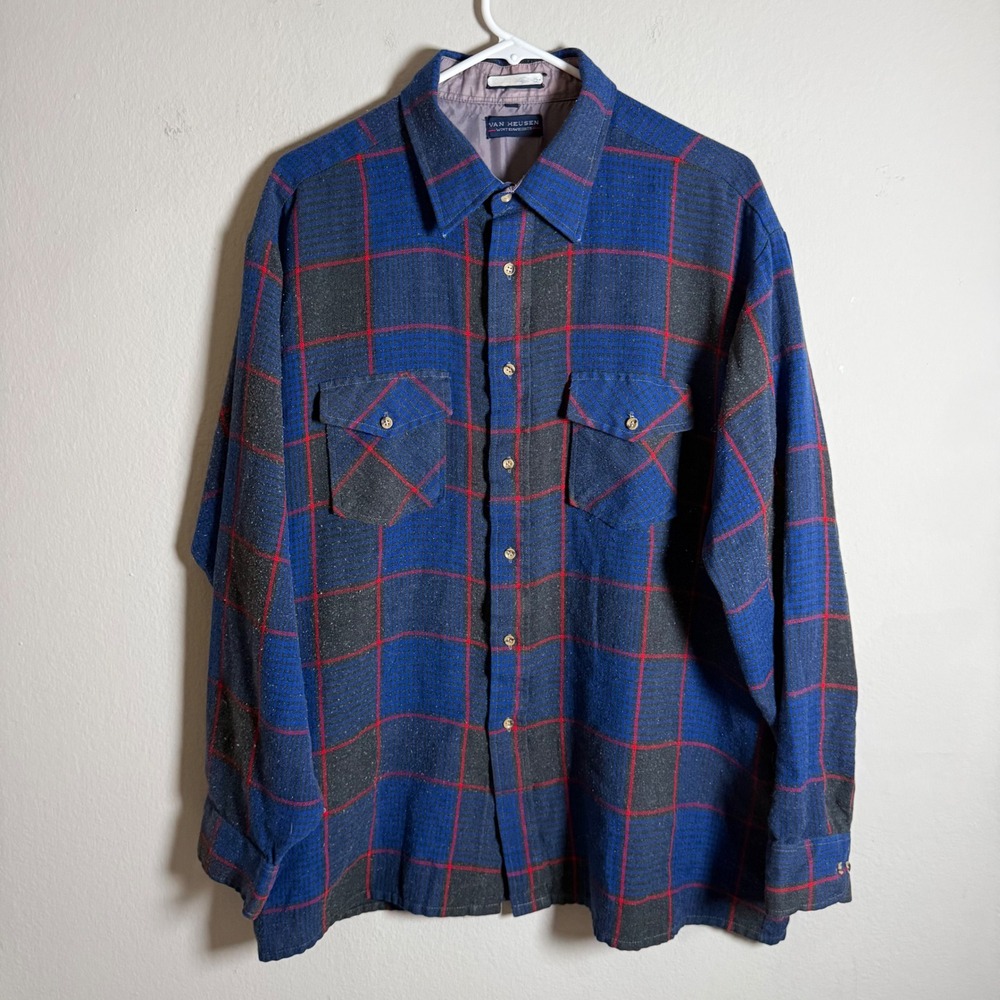 Vintage Van Heusen Winterweights Blue Plaid Flannel Shirt Mens XL Long Sleeve